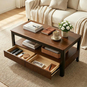 Mid-Century Solid Wood Coffee Table with 2 Drawers & Open Shelf