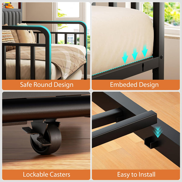 Metal Daybed with Trundle, LED Headboard & Charging Station