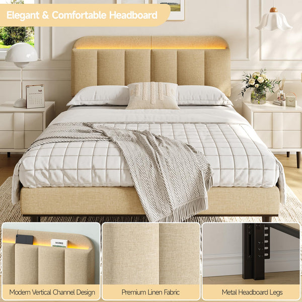 Adjustable Linen Headboard with RGB LED & Storage – Full/Queen/King