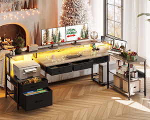 L-Shaped Desk with File Drawers, LED Lighting & Power Outlet