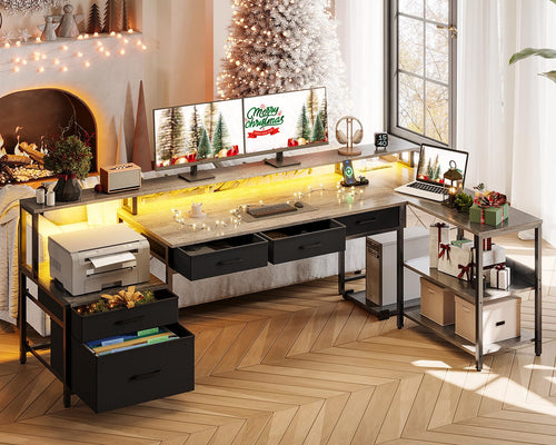 L-Shaped Desk with File Drawers, LED Lighting & Power Outlet