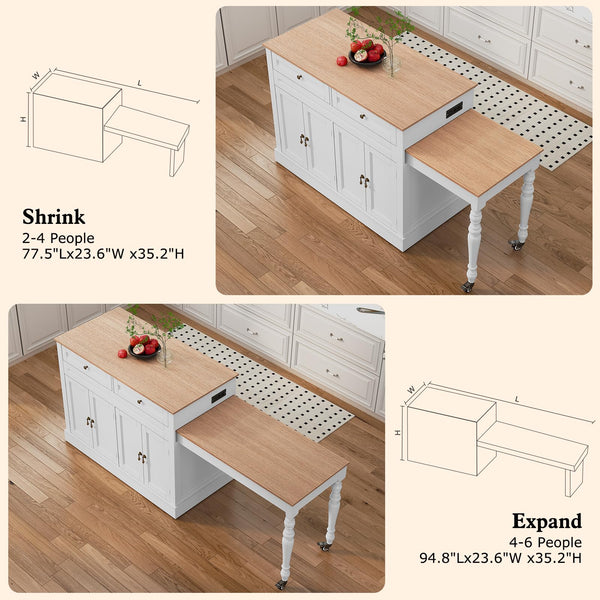 Extendable Kitchen Island Cart with Storage, Drawers & Power Outlet