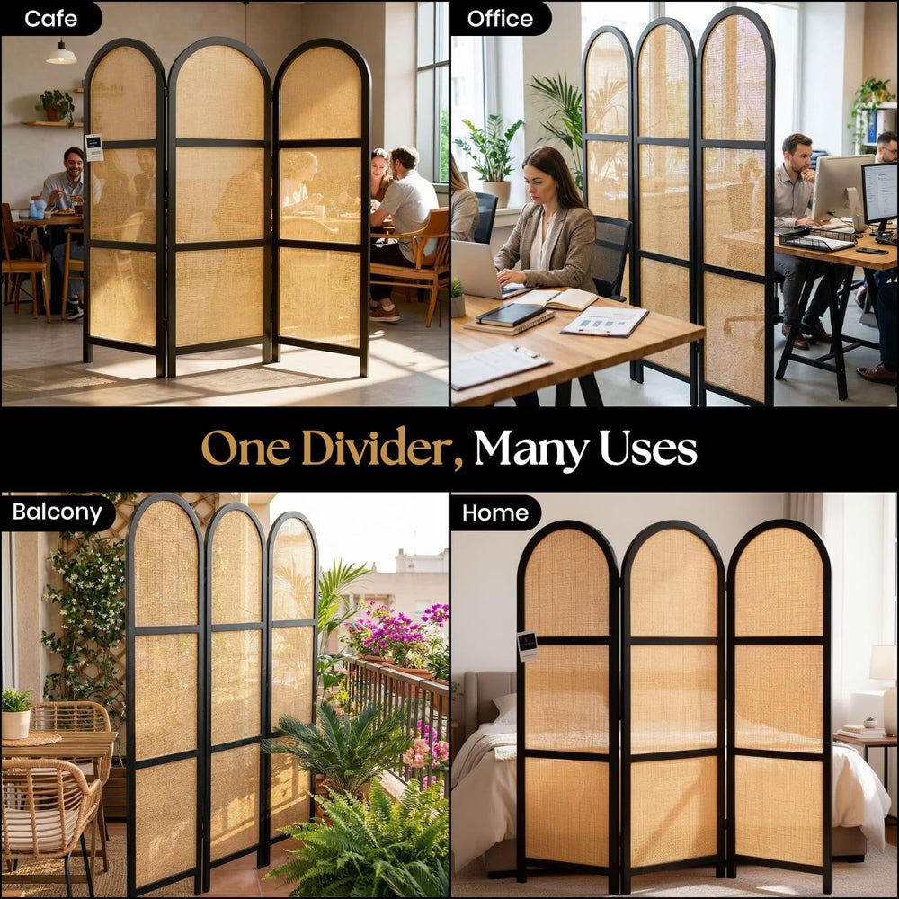 3-Panel Folding Room Divider | Wood & Rattan Privacy Screen
