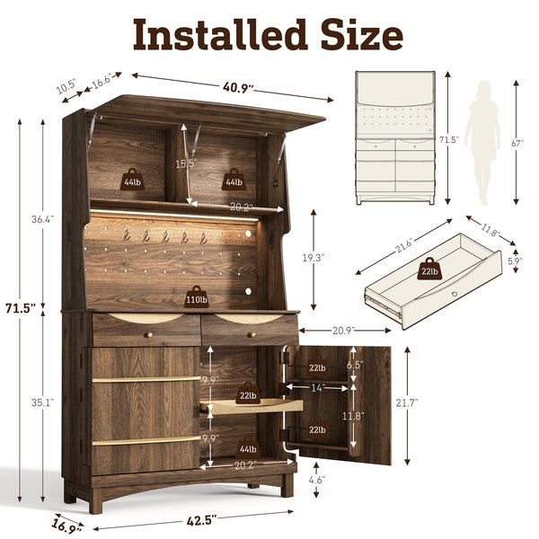 72" Kitchen Pantry Cabinet with Power Outlets & LED Light