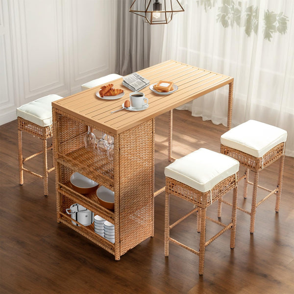 5-Piece Outdoor Wicker Bar Set with Storage