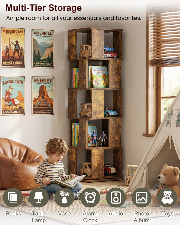 5-Tier Rotating Bookshelf Tower with 360° Swivel