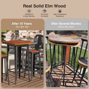 Bar Table and 2 Chairs Set with Elm Wood & Metal Frame