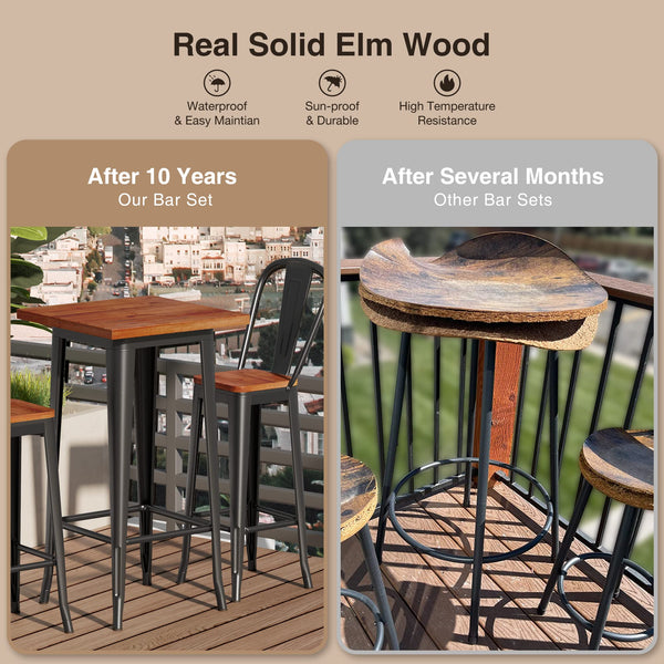 Bar Table and 2 Chairs Set with Elm Wood & Metal Frame