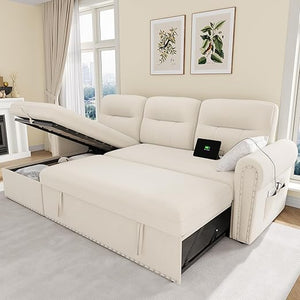 87" Sectional Sleeper Sofa with Storage Chaise & USB Charging