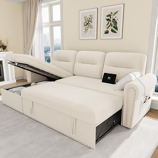 87" Sectional Sleeper Sofa with Storage Chaise & USB Charging
