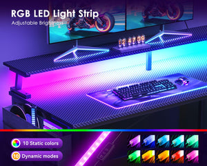 L-Shaped Gaming Desk with LED Lights, USB Charging Ports & Power Outlets