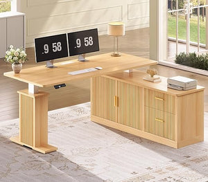 L-Shaped Height Adjustable Standing Desk with Storage & Power Outlets