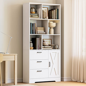 6-Tier Tall Bookcase with 3 Drawers, Cabinet Doors & Open Shelves