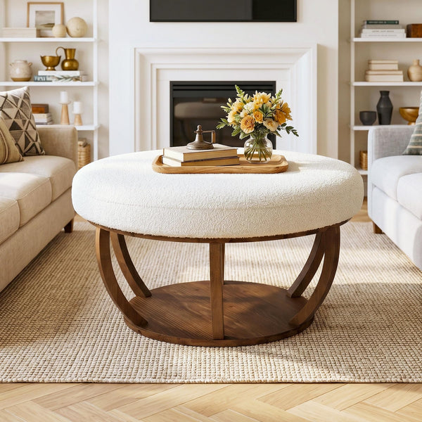 Round Storage Ottoman Coffee Table with Wood Base