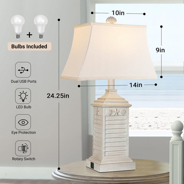 Coastal Table Lamps Set of 2 with USB Charging & 3-Color Temperature