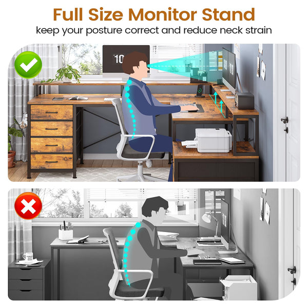 L-Shaped Desk with 6 Drawers, Monitor Shelf, Power Outlets & LED Lights