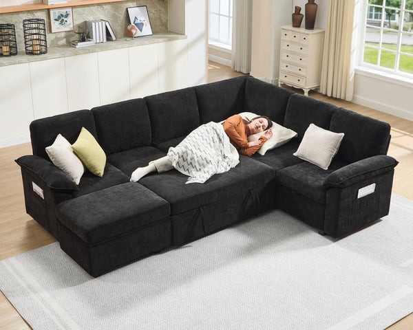 105" Sectional Sleeper Sofa with Pull-Out Bed & Reclining Backrest, 6-Seat Storage Couch