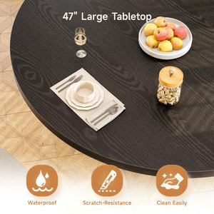 Lefurture 47 Inch Round Dining Table for 4-6, Fluted Kitchen Table with Wood Strip Base, Mid Century Modern Circle Dinner Tables for Dining Room, Kitchen, Black