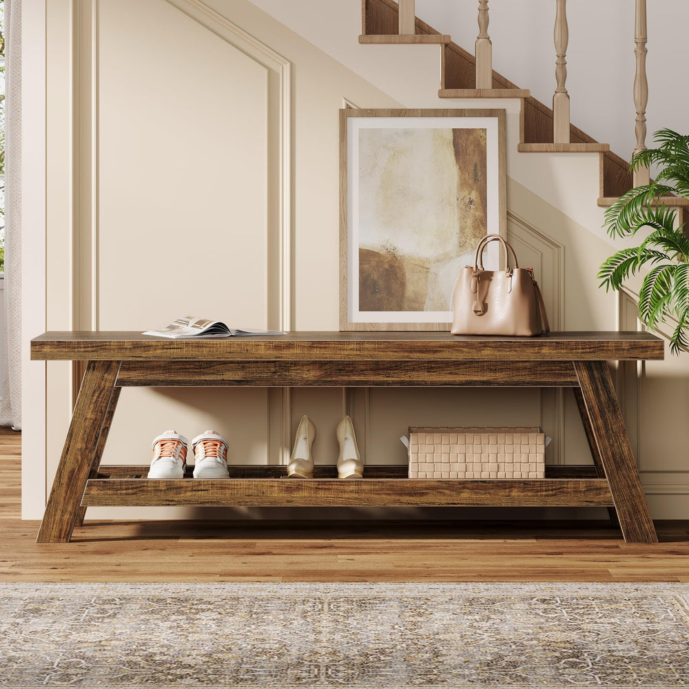 55" Wood Entryway Bench with Shoe Storage & Open Shelves