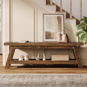 55" Wood Entryway Bench with Shoe Storage & Open Shelves