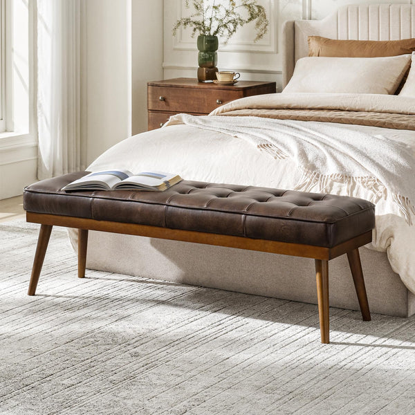 55.5" Genuine Leather Tufted Bench with Solid Wood Legs