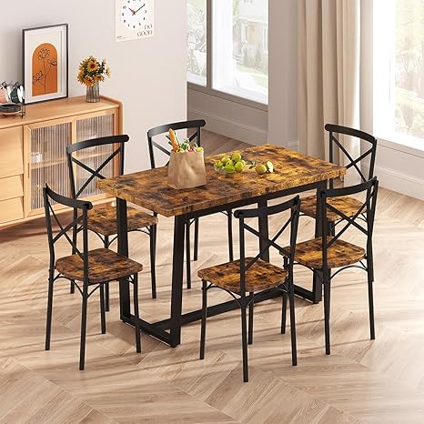 7-Piece Dining Table Set with 6 X-Back Chairs – Modern Farmhouse Kitchen Dining Set