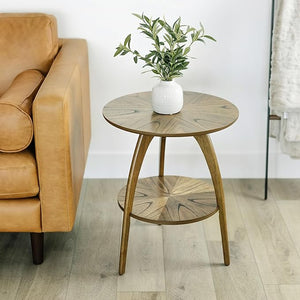 Round Wood End Table with Lower Shelf