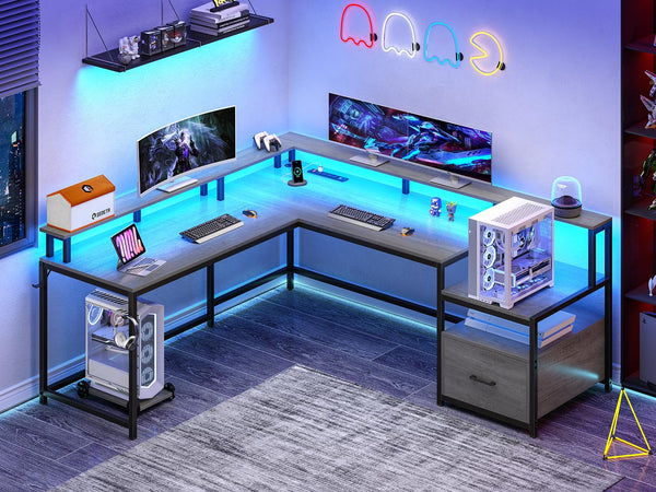 L-Shaped Corner Desk with File Drawer, LED Lights & Monitor Shelf