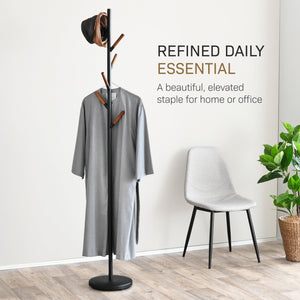 Freestanding Coat Rack with Wooden Hooks – Steel Stand for Entryway