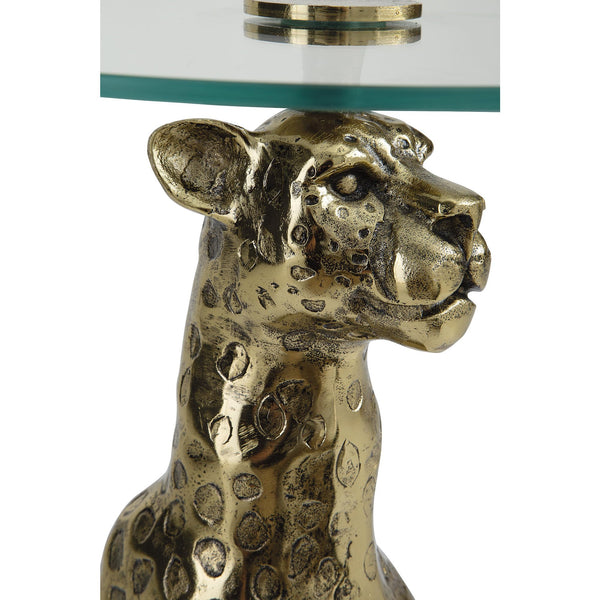 Leopard Base Glass Accent Table – Round End Table, Clear & Gold