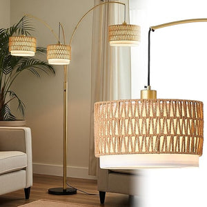 3-Light Arc Floor Lamp with Rattan Wicker Shades, 80 Inch Tall Standing Lamp