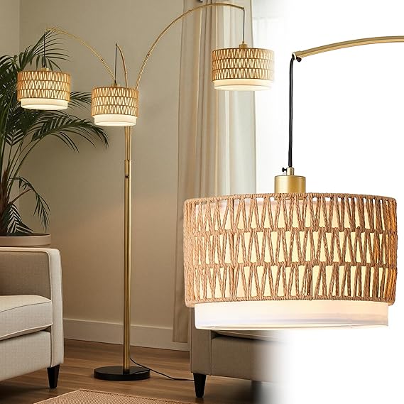3-Light Arc Floor Lamp with Rattan Wicker Shades, 80 Inch Tall Standing Lamp