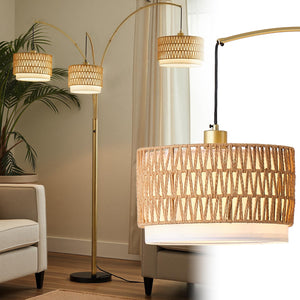 3-Light Arc Floor Lamp with Rattan Wicker Shades, 80 Inch Tall Standing Lamp