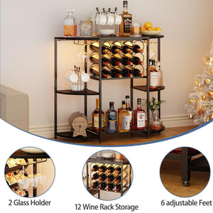 3-Tier Wine Bar Cabinet with LED Lights, Glass Holder & 12-Bottle Storage