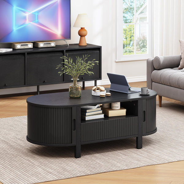 47.2" Oval Coffee Table with Storage, Drawer & Sliding Door