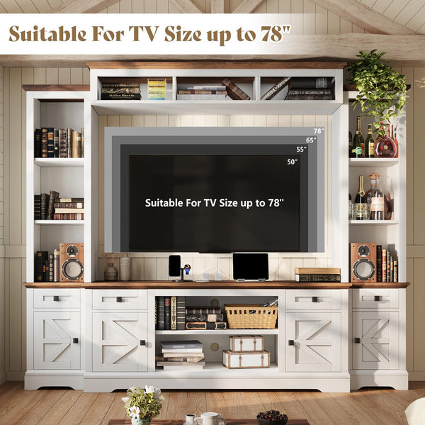 98" Farmhouse Wall Unit Entertainment Center with Barn Doors & Power Outlets