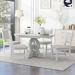 Extendable Round Dining Table Set for 4-6 with Upholstered Chairs