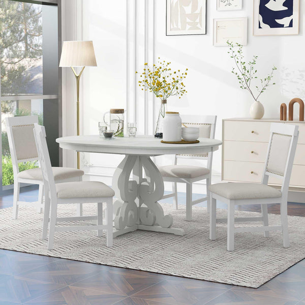 Extendable Round Dining Table Set for 4-6 with Upholstered Chairs
