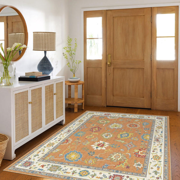 Oushak Washable Area Rug – Orange Ochre Floral, Non-Slip, Machine Washable
