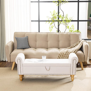 Upholstered Storage Bench with Rolled Arms & Nailhead Trim