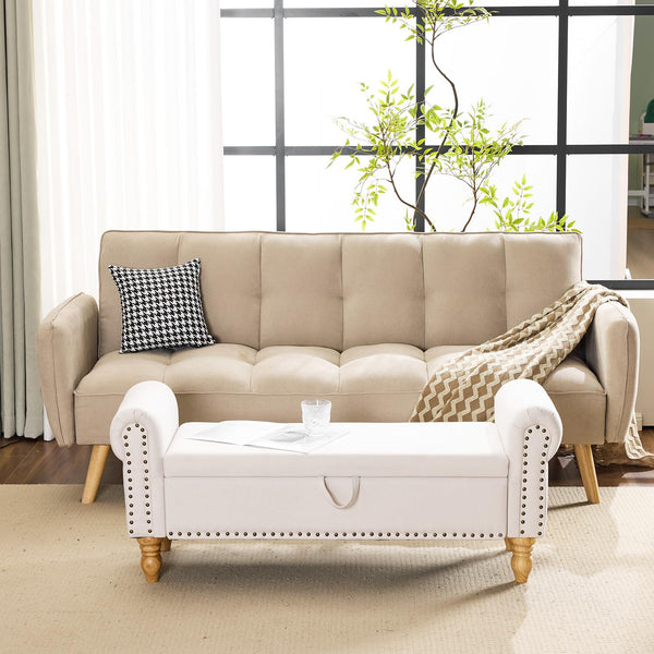 Upholstered Storage Bench with Rolled Arms & Nailhead Trim