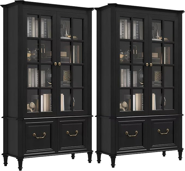 63" Tall Bookshelf with Glass Doors & Drawers
