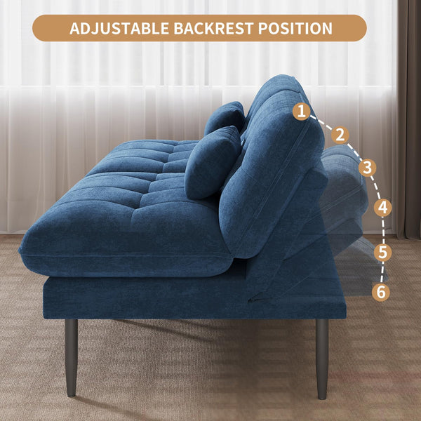 70" Convertible Futon Sofa Bed – Velvet Loveseat, 4-in-1 Sleeper, Blue