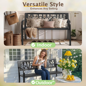 Outdoor Metal Patio Bench with Floral Backrest