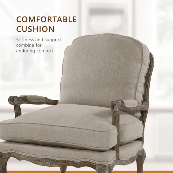 French Country Accent Chair with Rattan Back & Feather Down Cushion