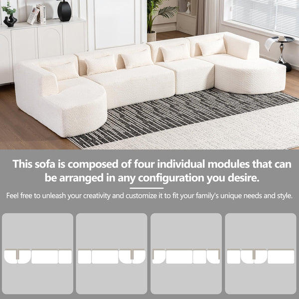 4-Piece Modular Sectional Sofa with 2 Chaise Lounges & 5 Pillows – Boucle