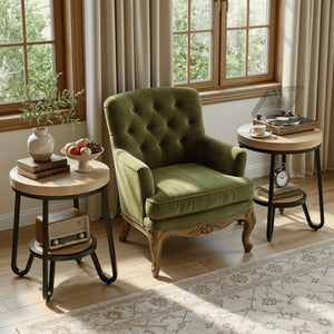 2-Tier Round Side Table with Storage Shelf, 19.7" Wood Tabletop & Curved Metal Legs, Light Brown