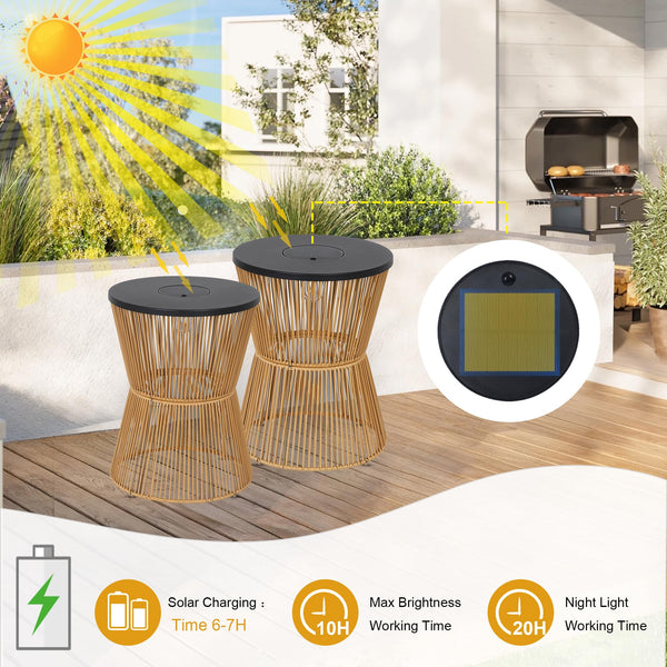 Solar Outdoor Side Table Set of 2 with Dimmable Light – Boho Rattan Patio End Tables