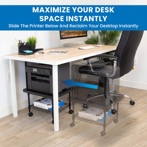 Rolling Under Desk Printer Stand with Wheels, 2-Tier Storage Cart