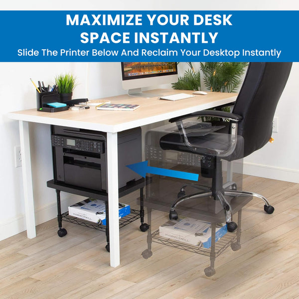 Rolling Under Desk Printer Stand with Wheels, 2-Tier Storage Cart
